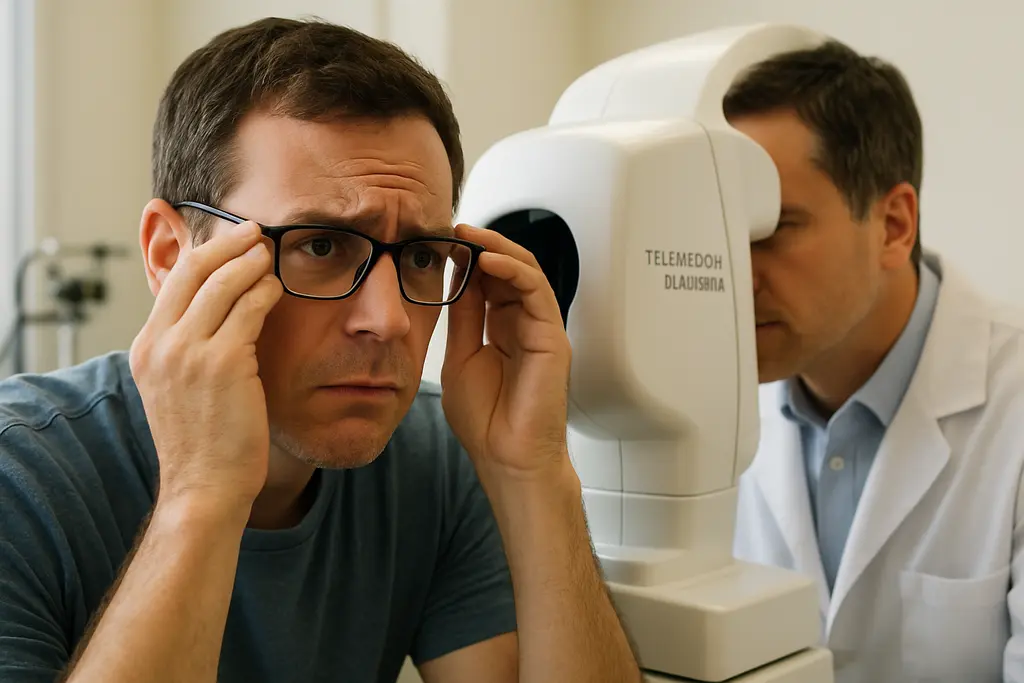 Clinic imaging room for hybrid telemedicine glaucoma monitoring with an adult patient at eye equipment
