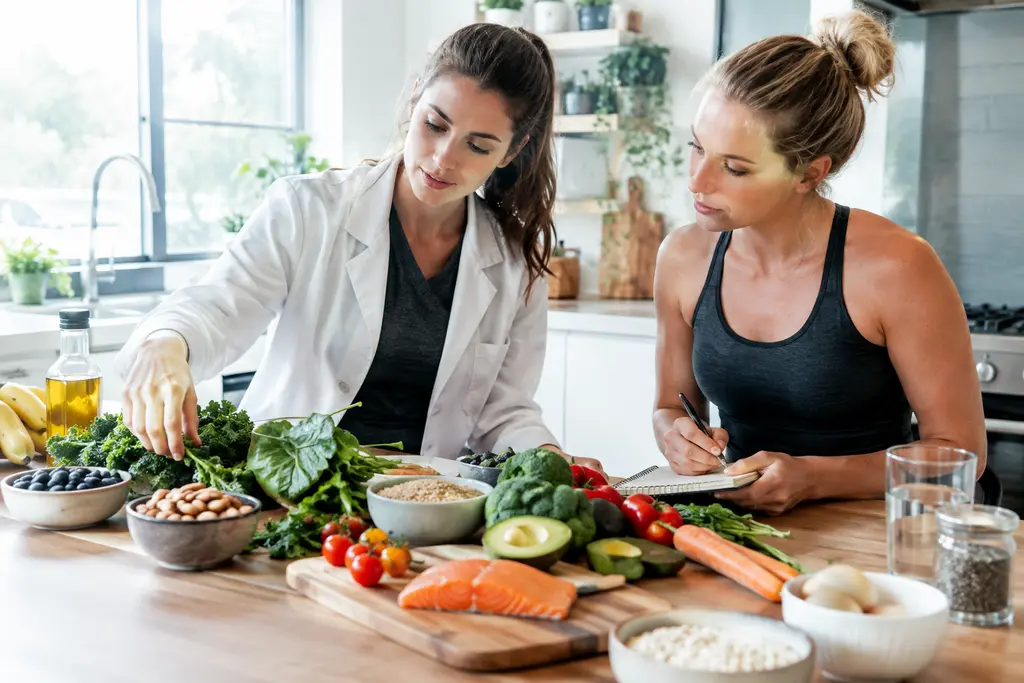 Medically Tailored Groceries arranged with vegetables, grains, and blood pressure notes