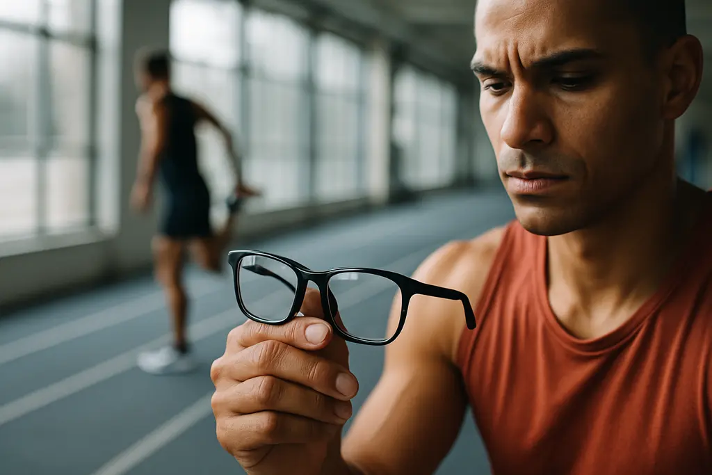Athlete with myopic glaucoma reviewing visual field results with an eye specialist