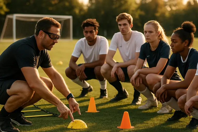 Soccer staff setting up a planned visual reaction drill with field markers