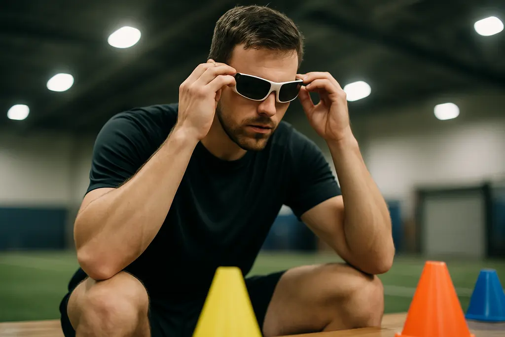 Athlete completing sports vision training with light targets in a gym