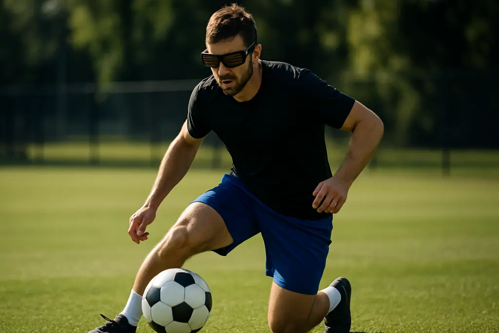Soccer player using stroboscopic training glasses during controlled agility practice