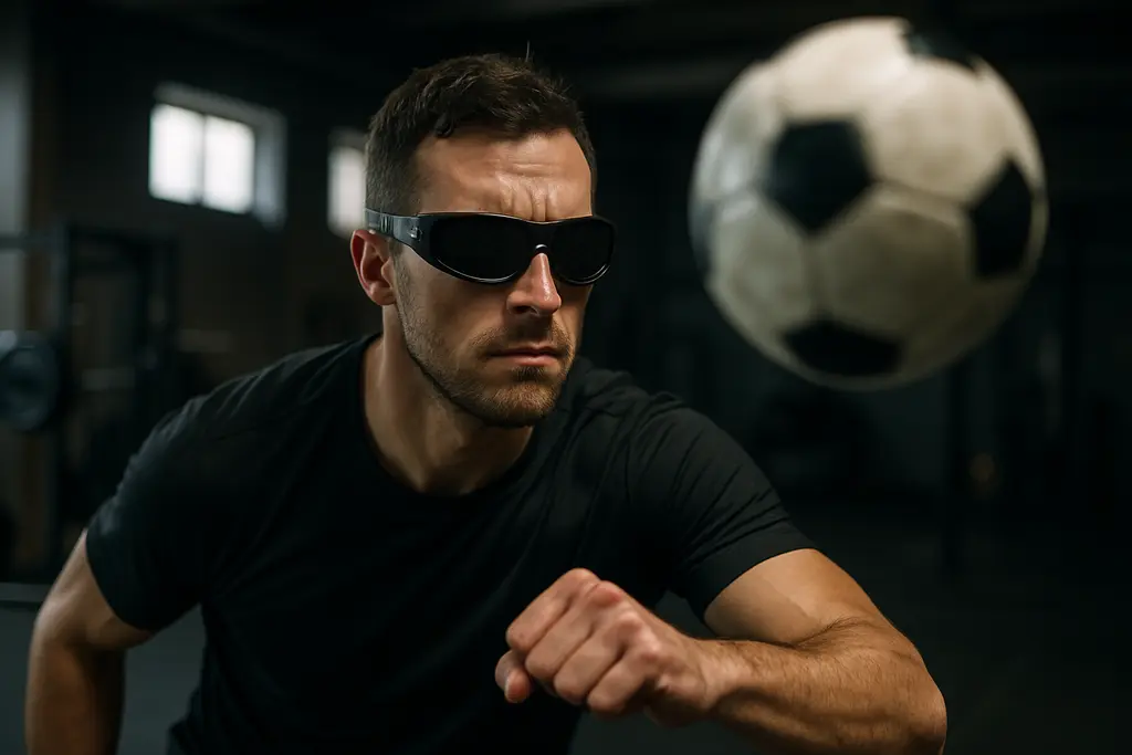 Collegiate soccer player using stroboscopic vision training eyewear during a controlled ball drill