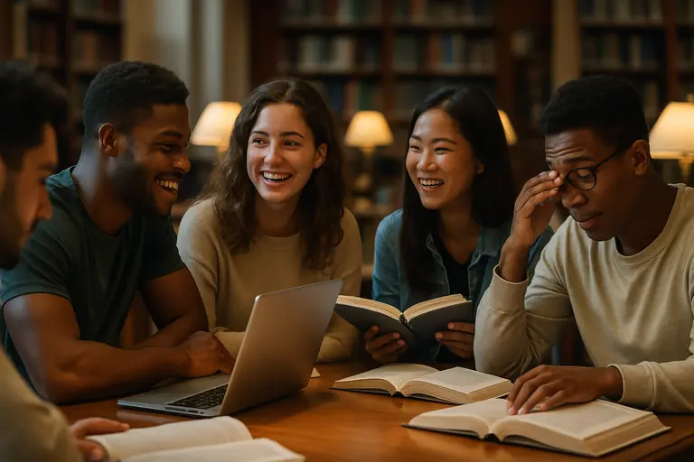 Students work at a library table with laptops and adjustable lighting