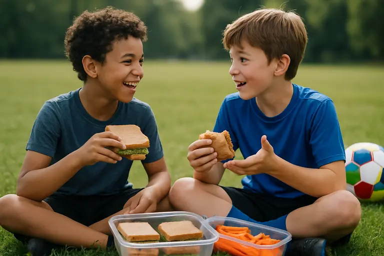 Teen athlete eating a balanced recovery meal at a training table