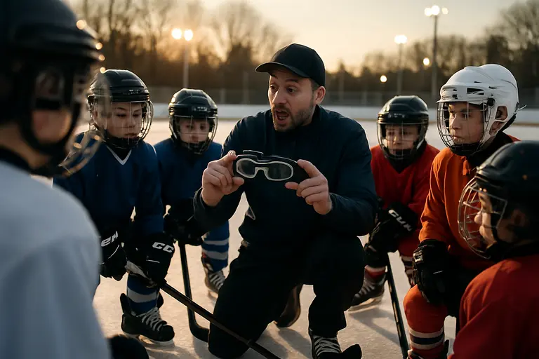 Youth hockey team gathered as a coach demonstrates safe stick position